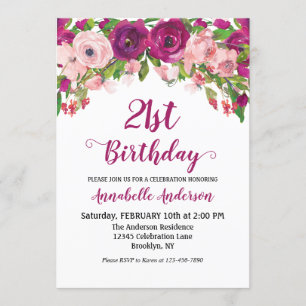 Invitation Floral 21e anniversaire violet rose rose moderne a