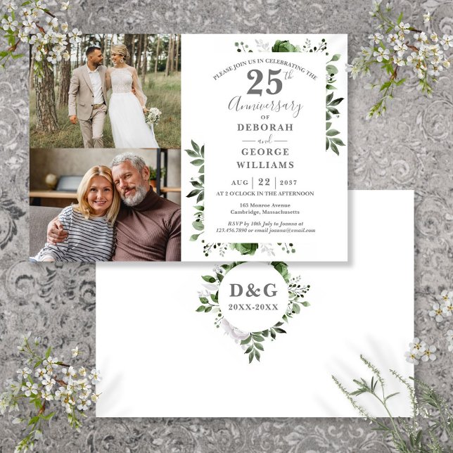 Invitation Floral 25e anniversaire du Mariage Alors et mainte (Floral 25th Wedding Anniversary Then & Now 2 Photo Invitation)