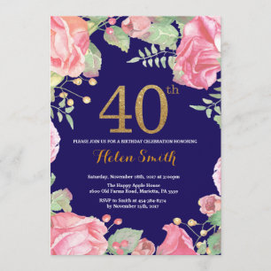 Invitation Floral 40e anniversaire Parties scintillant d'or b