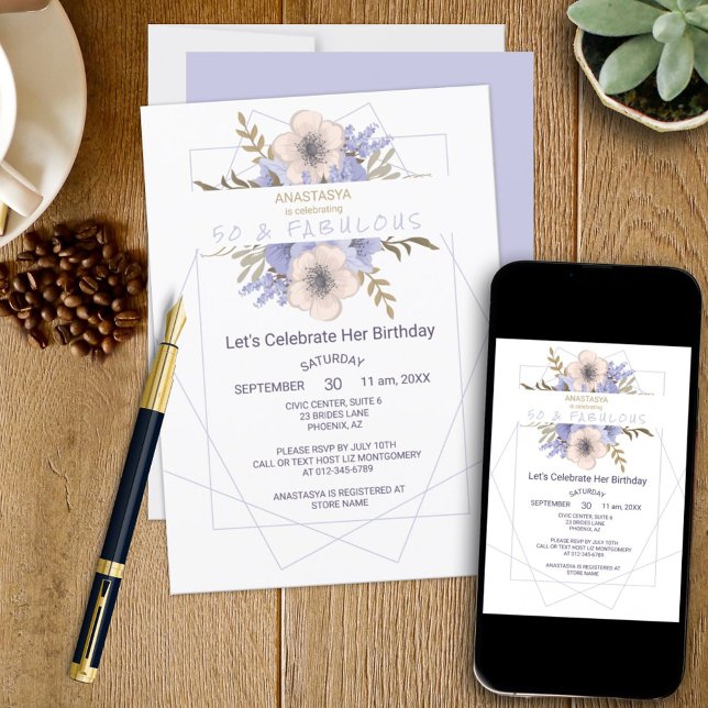 Invitation Floral 50 et Fabulous Violet Peach Rose Anniversai (This template birthday invitation can be ordered as a printed product and / or downloadable.)
