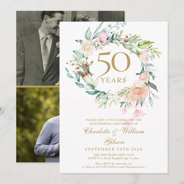 Invitation Floral 50e Anniversaire du Mariage d'or 2 Photo (Devant / Derrière)