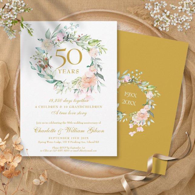 Invitation Floral 50e Anniversaire Mariage d'or Souvenirs (Floral 50th Golden Wedding Anniversary Memories Invitation)