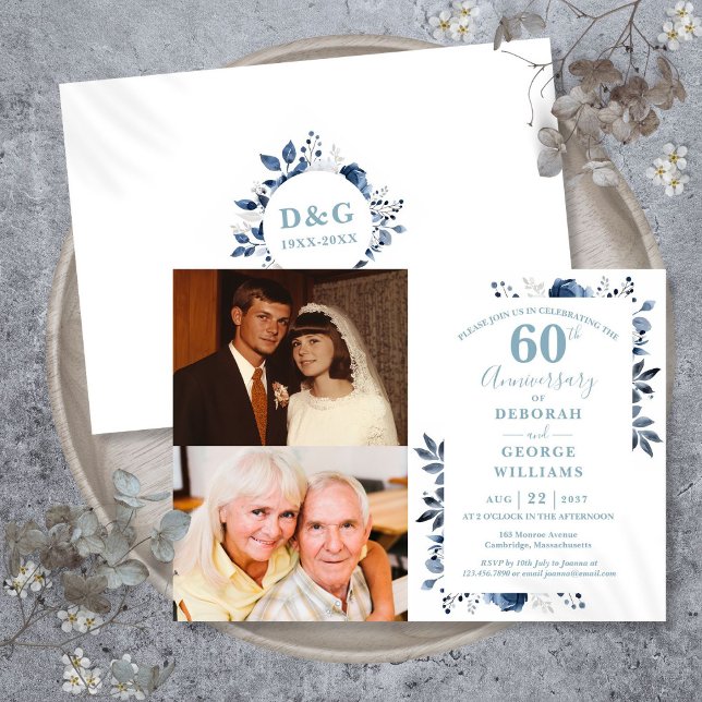 Invitation Floral 60e anniversaire du Mariage Alors et mainte (Floral 60th Wedding Anniversary Then & Now 2 Photo Invitation)