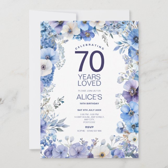 Invitation Floral 70e anniversaire, violet & bleu, jalon (Devant)