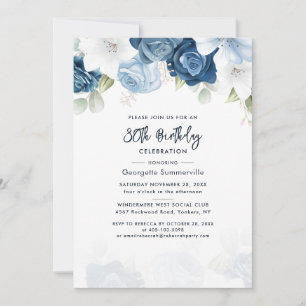 Invitation Floral 80e anniversaire Dusty Blue Script Party