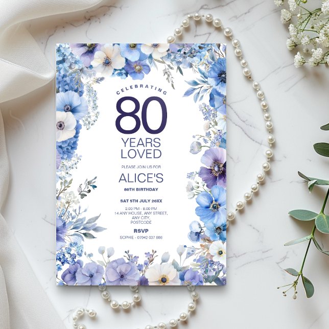 Invitation Floral 80e anniversaire Invitation, fleurs bleues  (Créateur téléchargé)