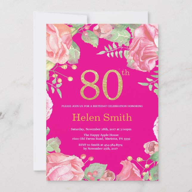 Invitation Floral 80e anniversaire Parties scintillant or et  (Devant)
