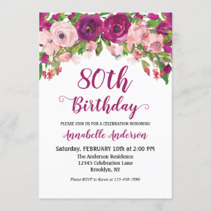 Invitation Floral 80e anniversaire Purple rose aquarelle mode
