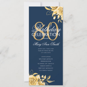 Invitation Floral 80th Birthday Program Gold & Navy avec menu