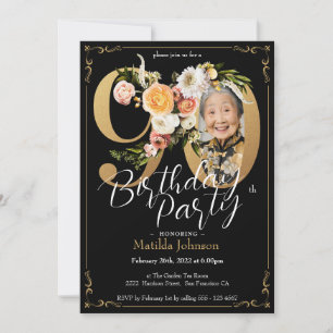 Invitation Floral 90e anniversaire Black Gold Boho Photo pers