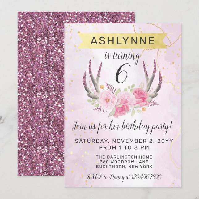 Invitation Floral Antlers & Blush Pink Gold Marble Anniversai (Devant / Derrière)