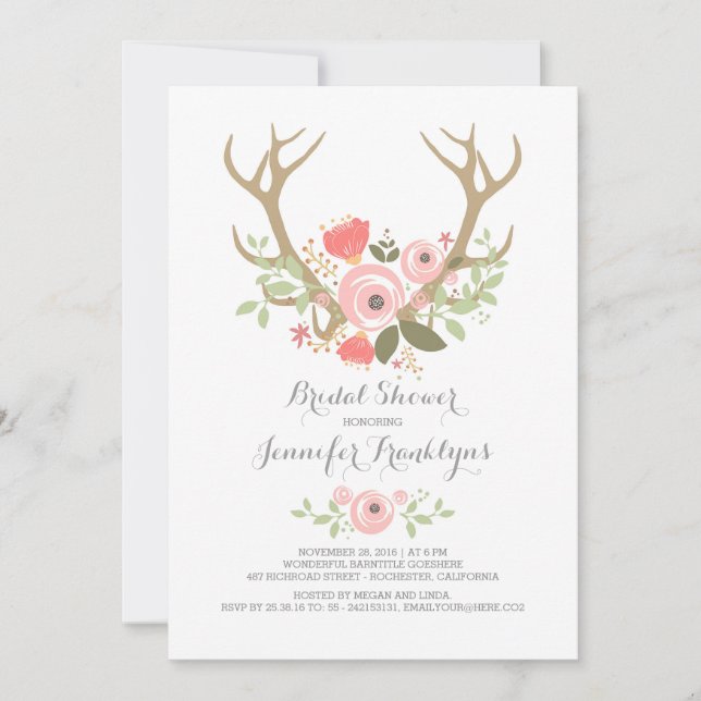 Invitation Floral Antlers Boho Fête des mariées (Devant)