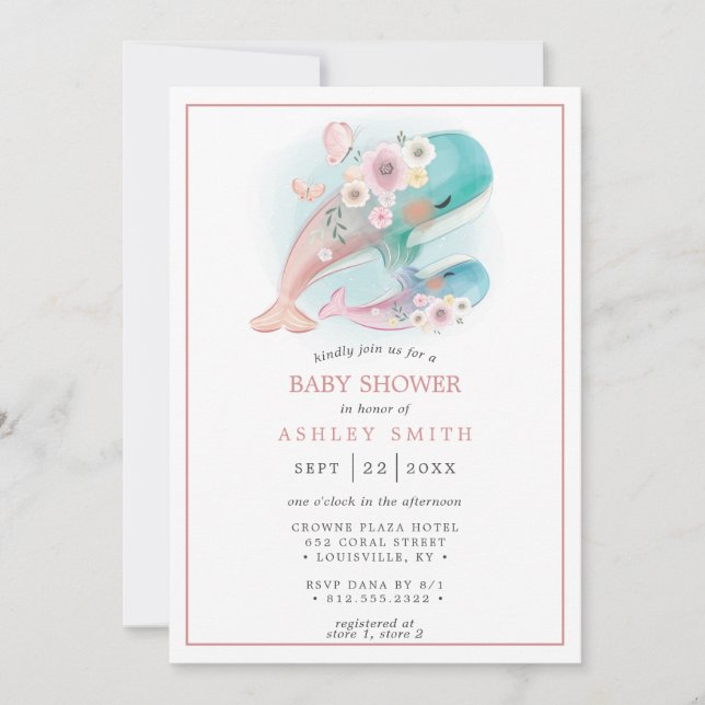 Invitation Floral Aquarelle Baleines Girl Leigh-Ann (Devant)