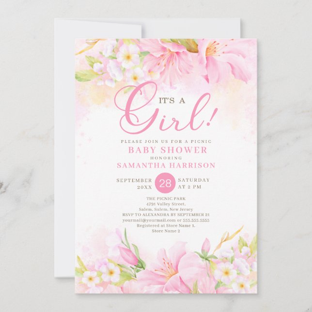 Invitation Floral Aquarelle Boho Baby shower Pique-Nique Rose (Devant)