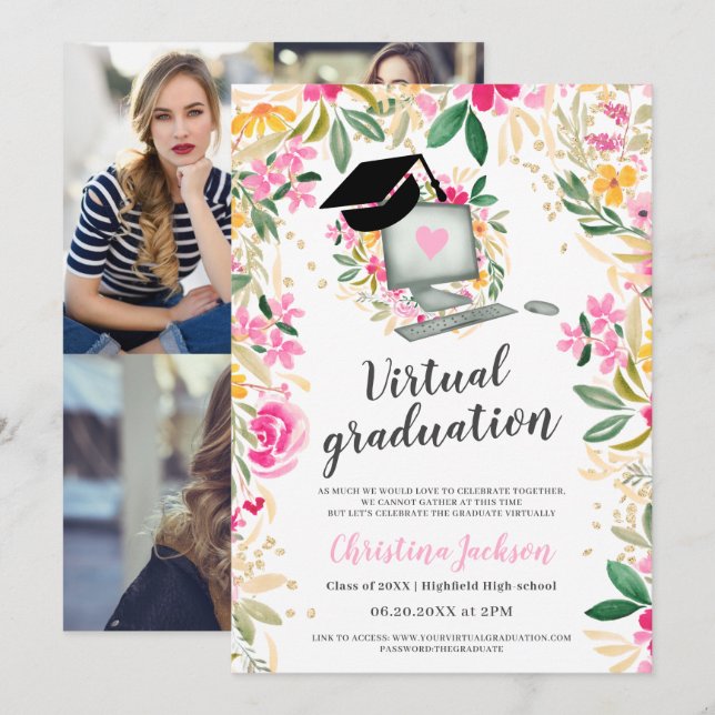 Invitation Floral aquarelle or photo graduation virtuelle (Devant / Derrière)