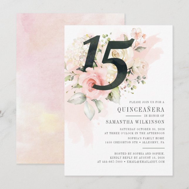Invitation Floral Aquarelle Quinceanera 15ème anniversaire (Devant / Derrière)