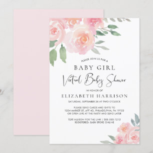 Invitation Floral Aquarelle rose bébé fille Douche virtuelle