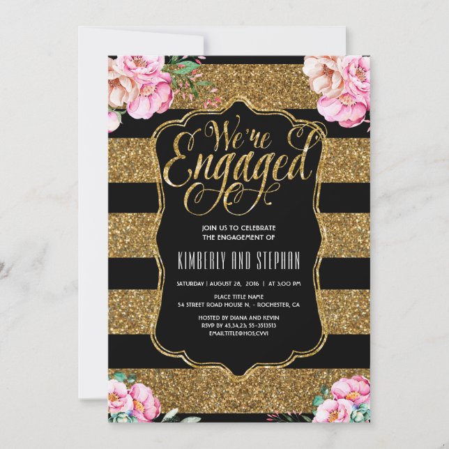 Invitation Floral Aquarelles Gold Parties scintillant (Devant)