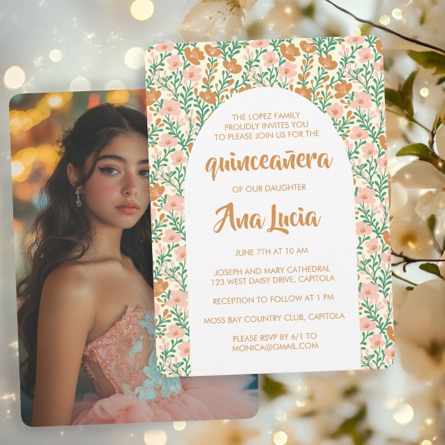 Invitation Floral Arch Motif CUSTOMPhoto Quinceañera (Floral Arch Flower Pattern CUSTOMPhoto Quinceañera Invitation
)