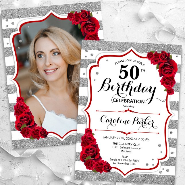 Invitation Floral Argent blanc Roses rouges Photo 50e anniver (Créateur téléchargé)
