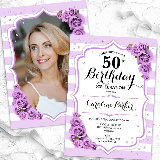 Invitation Floral Argent blanc violet photo 50e anniversaire (Créateur téléchargé)