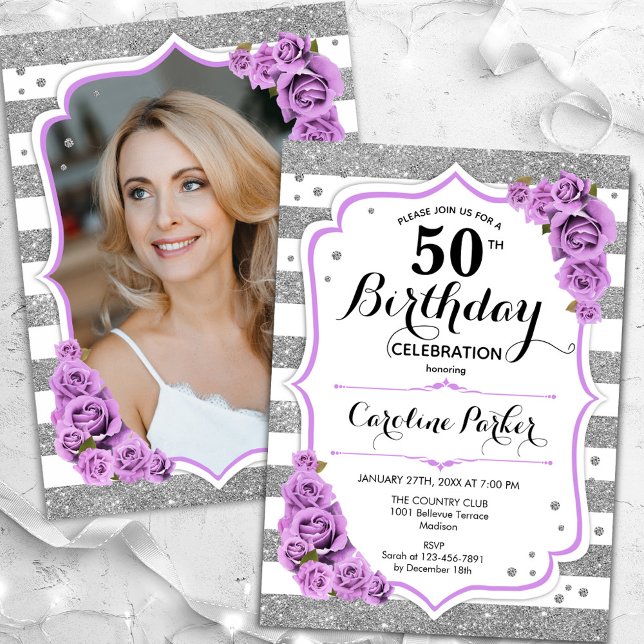 Invitation Floral Argent blanc violet photo 50e anniversaire (Créateur téléchargé)