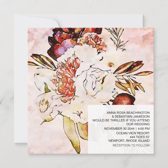 Invitation *~* Floral artistique AR15 QR RSVP MARIAGE Bourgog (Devant)