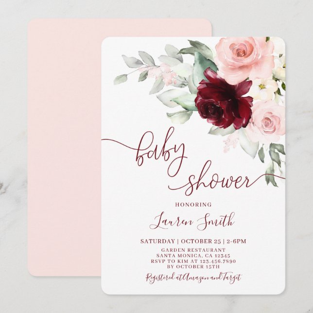 Invitation Floral Automne Bourgogne Baby shower rousse (Devant / Derrière)