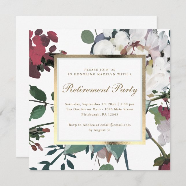 Invitation Floral avec Faux Gold Frame Retraite Party (Devant / Derrière)