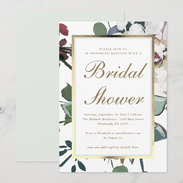 Invitation Floral avec Fête des mariées de cadre Or Faux (Devant / Derrière)