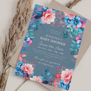 Invitation Floral Babal Douche Bleu rose Enregistrer Date Dus