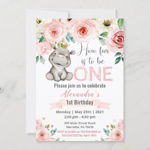 Invitation Floral Baby Hippo Princess Anniversaire