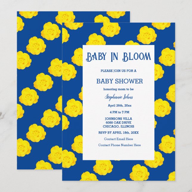 Invitation Floral Baby in Bloom Baby shower Jaune Marine Bleu (Devant / Derrière)