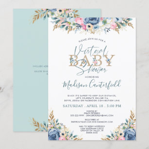 Invitation Floral Baby shower virtuel Marine Blue Turquoise G