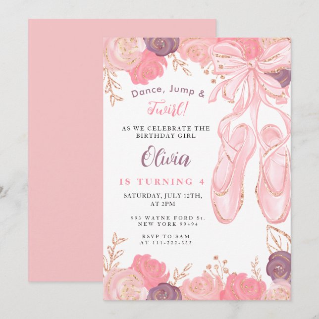 Invitation Floral Ballerina Ballet Chaussons Fille Anniversai (Devant / Derrière)