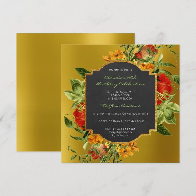 Invitation Floral Baroque Anniversaire Or Frame Black Mustard (Devant / Derrière)