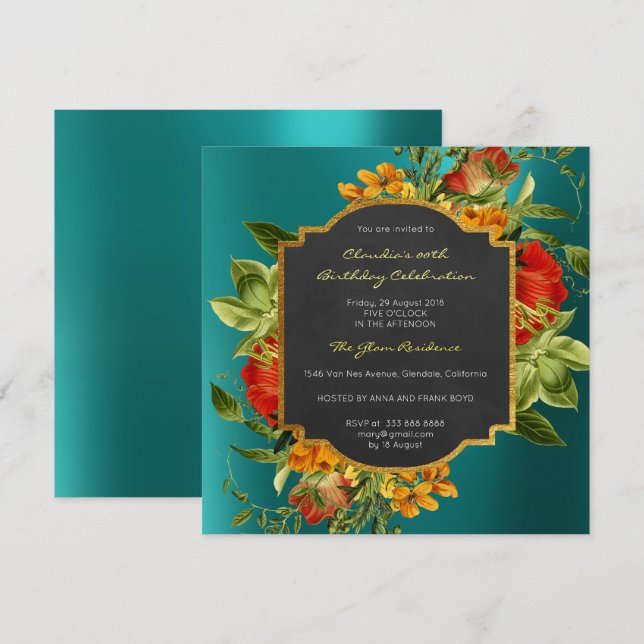 Invitation Floral Baroque Anniversaire Or Frame Tropical Turq (Devant / Derrière)