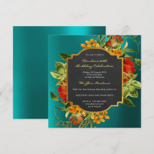 Invitation Floral Baroque Anniversaire Or Frame Tropical Turq