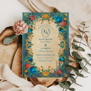Invitation Floral baroque et Mariage Motif Turquoise