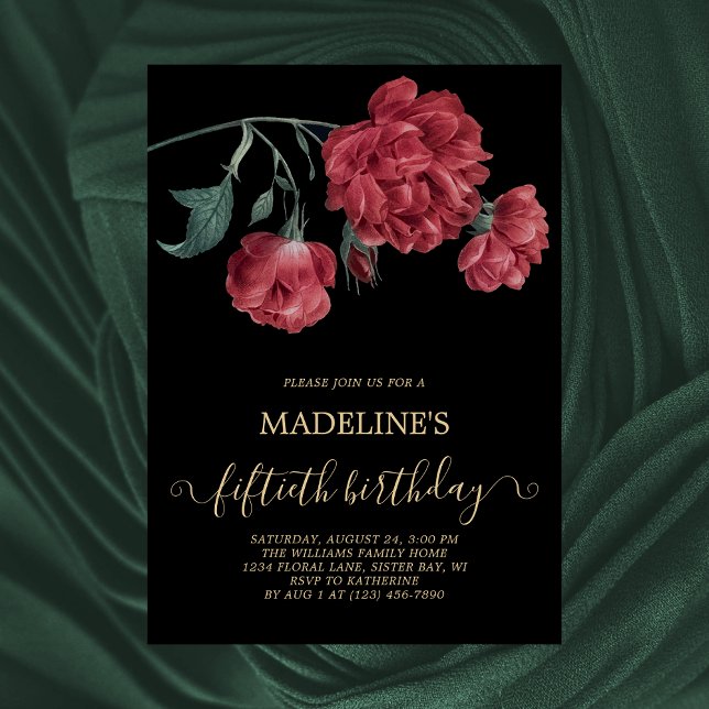 Invitation Floral Black Gold 50e fête d'anniversaire (Créateur téléchargé)