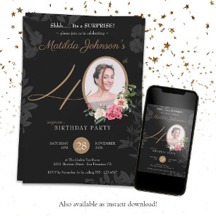 Invitation Floral Black Gold Photo Surprise 40e anniversaire