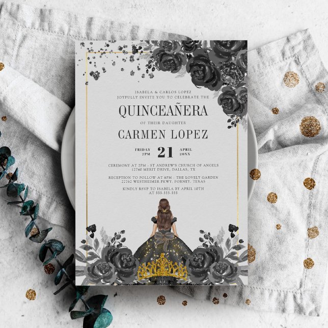 Invitation Floral Black Gold Princesse Anniversaire Quinceane (Créateur téléchargé)