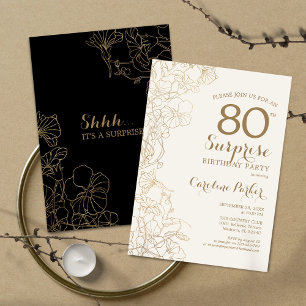 Invitation Floral Black Gold Surprise 80e fête d'anniversaire