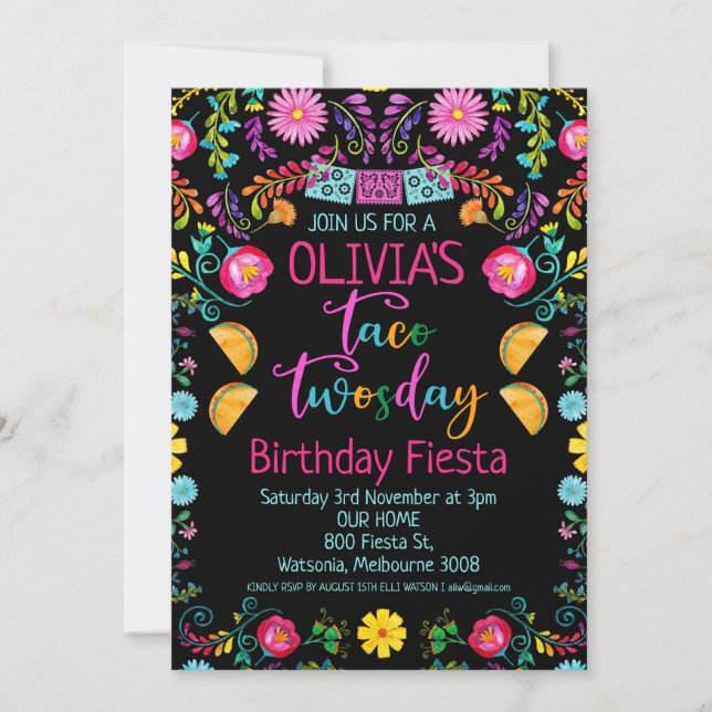 Invitation Floral Black Taco Twosday mexicain 2e anniversaire (Devant)