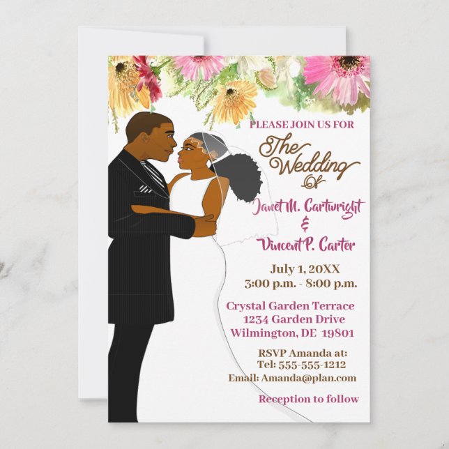 Invitation Floral blanc Africain-Américain Mariage (Devant)