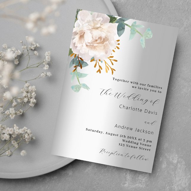 Invitation Floral blanc argent vert mariage moderne (Créateur téléchargé)