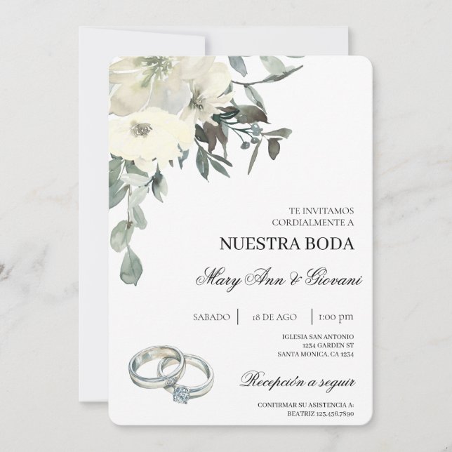 Invitation Floral blanc avec anneau argenté Mariage espagnol (Devant)