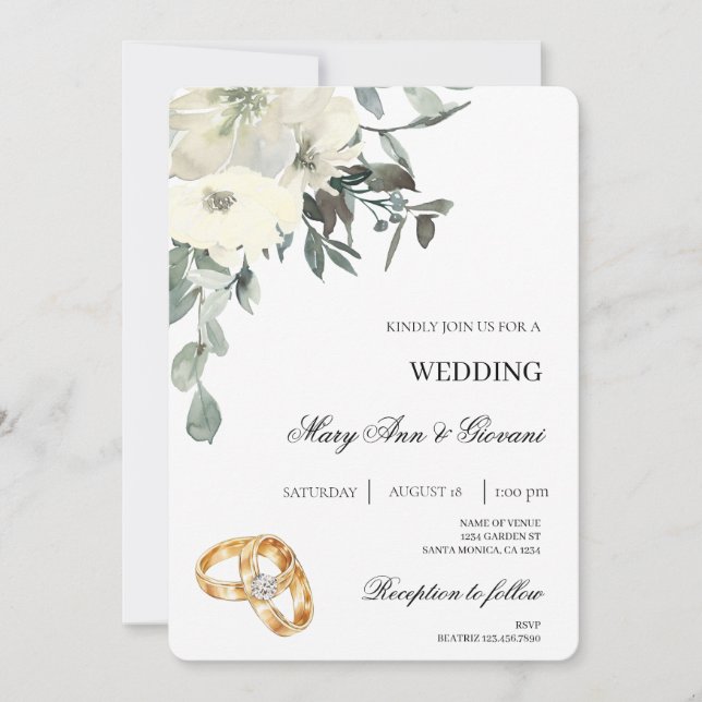 Invitation Floral blanc avec anneau d'or Mariage (Devant)