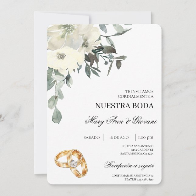 Invitation Floral blanc avec anneau d'or Mariage espagnol (Devant)