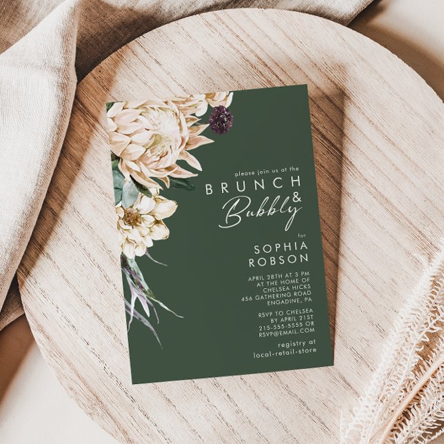 Invitation Floral blanc | Brunch vert foncé et bulle (Créateur téléchargé)